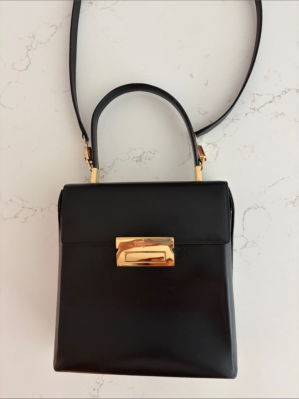 Vintage Ferragamo black Leather Top-Handle Crossbody Bag with Gold Hardware